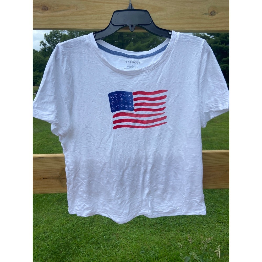 Talbots Womens White Slub Knit American Flag Graphic T-Shirt Size L Cotton Modal